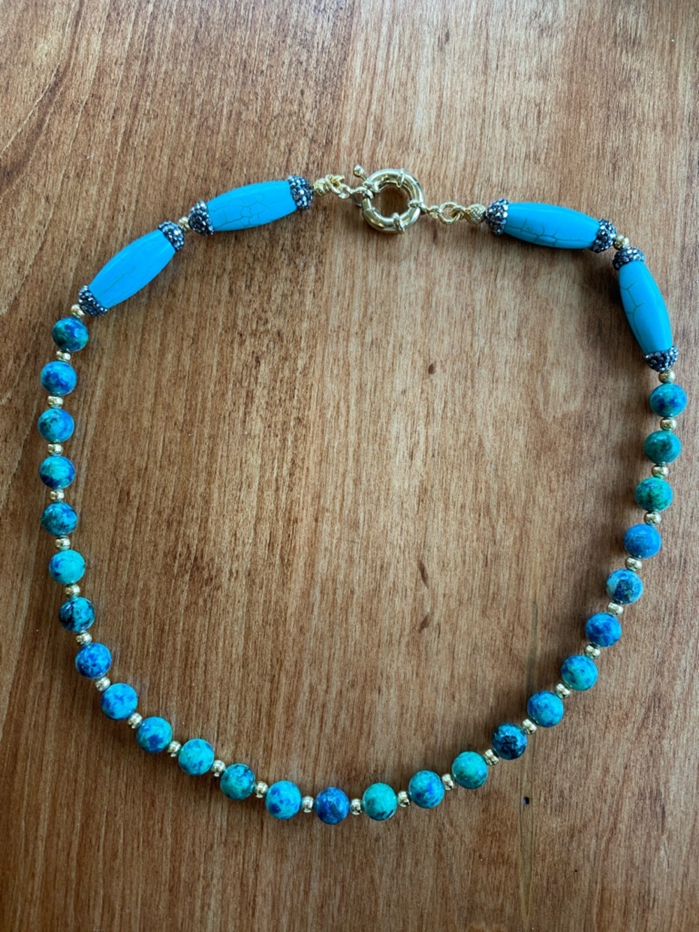 Turquoise Colored Bead Necklace with Gold Accents - Women Jewelry